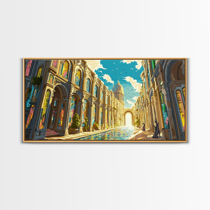 Ornate Sunlit Palace Canal Framed Canvas Print, European Wall Art, Fantasy Architecture Art, Living Room Decor, Large Wall Art