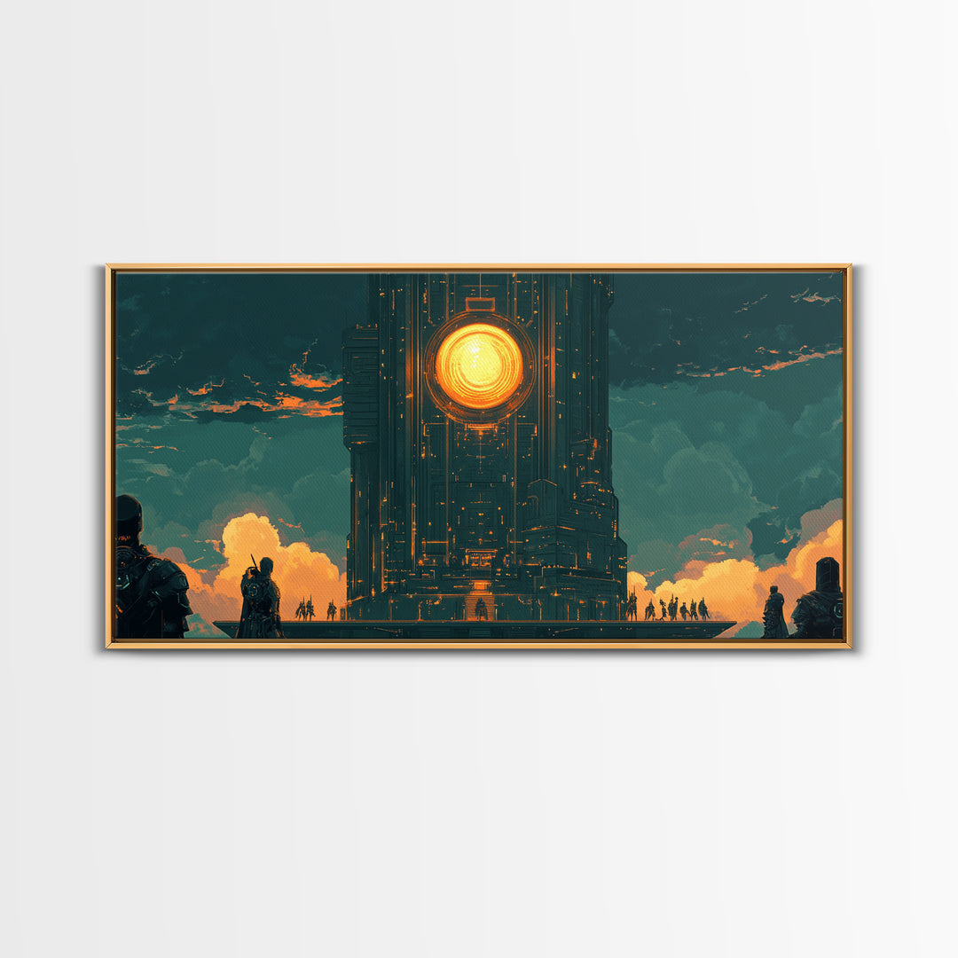 Dark Monolithic Sun Portal Framed Canvas Print, Sci Fi Wall Art, Futuristic Decor, Moody Office Art, Masculine Wall Decor