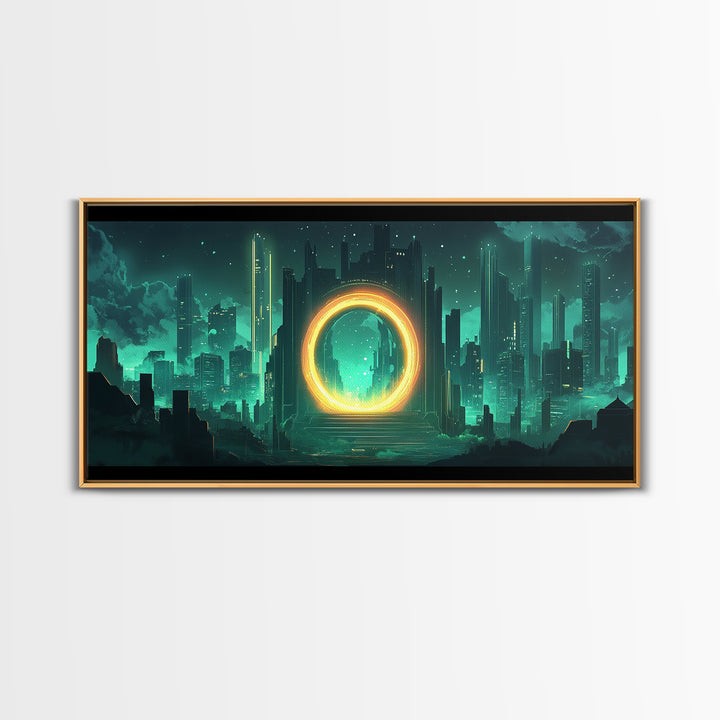 Emerald Futuristic City Ring Portal Canvas Print, Sci Fi Wall Art, Cyberpunk Decor, Modern Office Decor, Statement Gift For Him