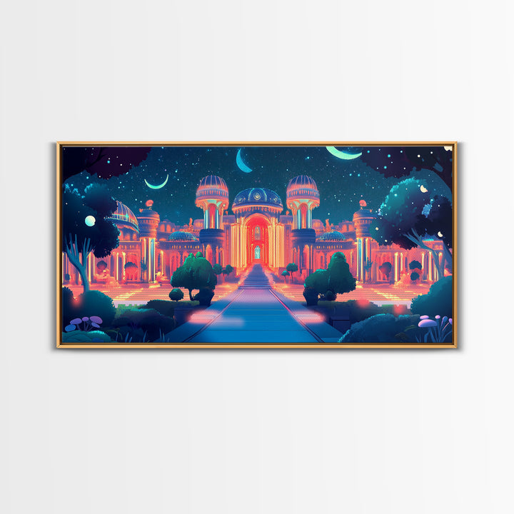 Neon Celestial Palace Under Crescent Moons Wall Art, Fantasy City Canvas Print, Maximalist Decor, Bedroom Wall Decor Gift