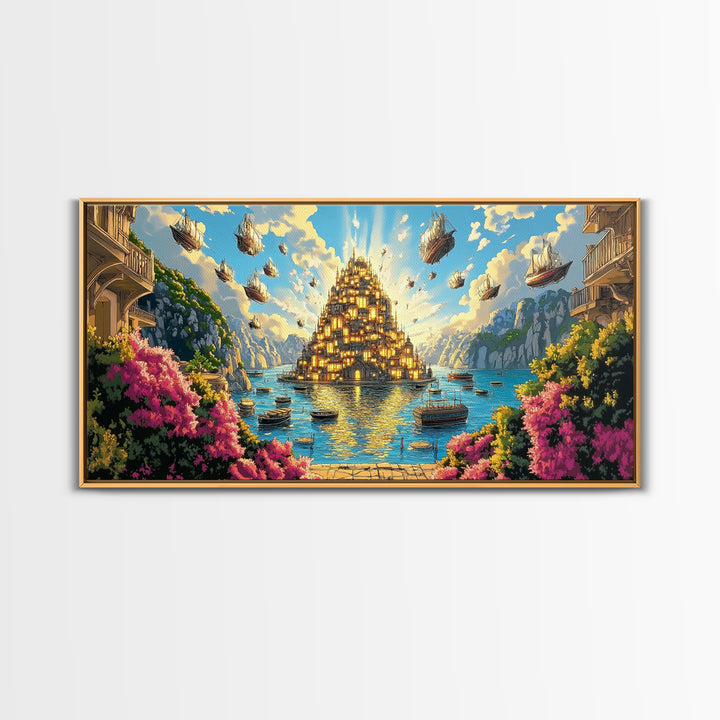 Golden Floating Island City Over Turquoise Sea Wall Art, Fantasy Landscape Canvas Print, Coastal Decor, Travel Poster Gift