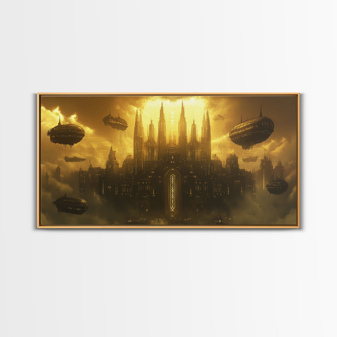 Dark Golden Sky Cathedral With Airships Wall Art, Gothic Fantasy Canvas Print, Moody Office Decor, Steampunk Home Decor Gift