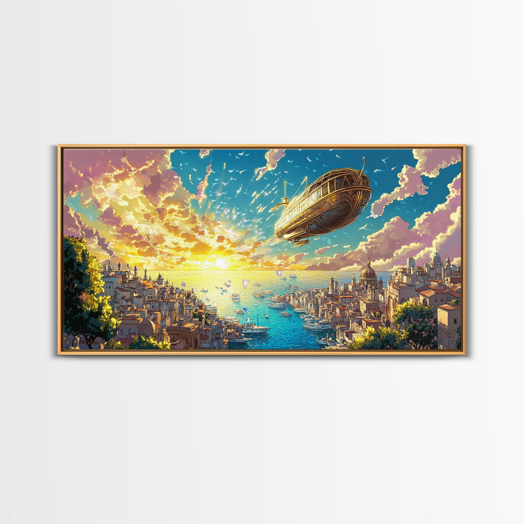 Sunset Harbor City With Golden Airship Wall Art, Mediterranean Canvas Print, Travel Poster, Coastal Living Room Decor Gift