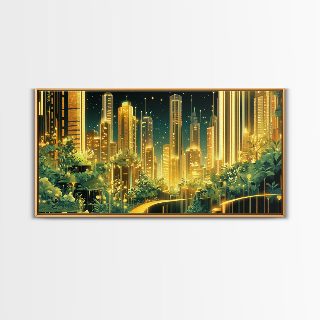 Luminous Garden Skyline In Golden Futuristic City Wall Art, Modern Canvas Print, Green Wall Decor, Home Office Decor Gift