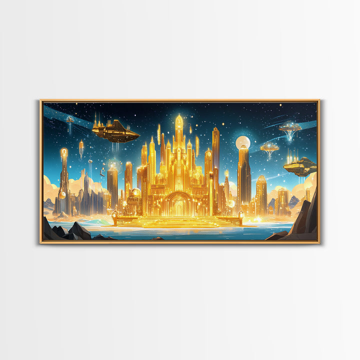 Radiant Golden Sci Fi Citadel Beneath Moonlit Sky Wall Art, Futuristic Canvas Print, Space Decor, Statement Wall Art Gift