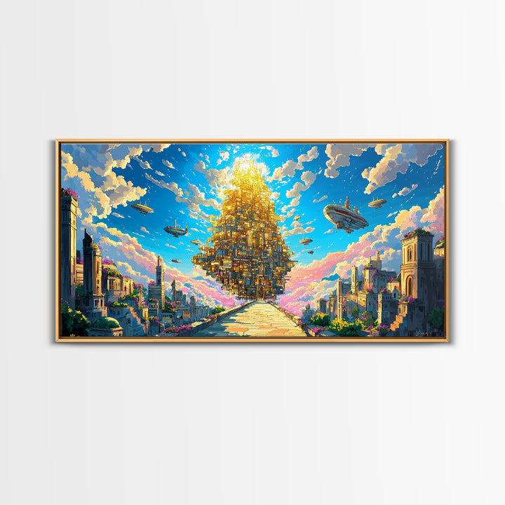 Floating Golden Pyramid City Above Ancient Ruins Wall Art, Fantasy Canvas Print, Surreal Landscape Art, Large Wall Decor