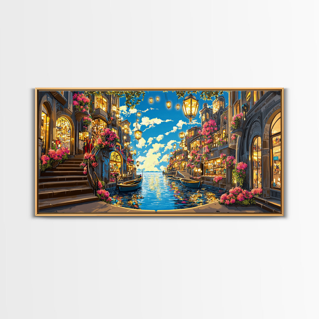 Flower Lined Canal Street With Lanterns Wall Art, Mediterranean Canvas Print, Coastal City Decor, Living Room Wall Art Gift