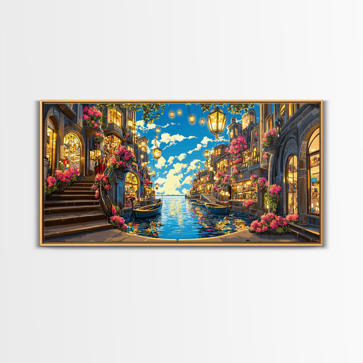 Flower Lined Canal Street With Lanterns Wall Art, Mediterranean Canvas Print, Coastal City Decor, Living Room Wall Art Gift