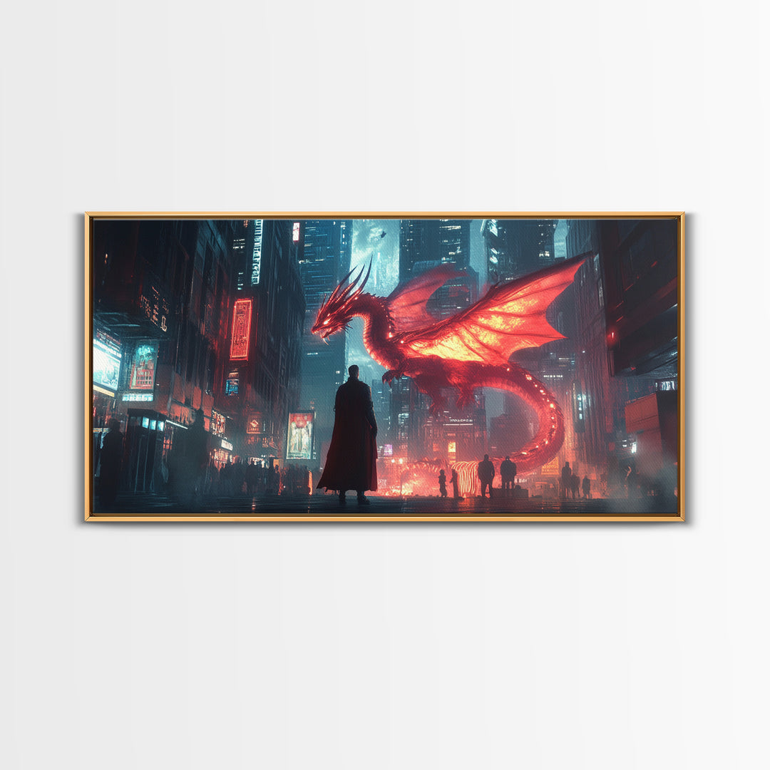 Neon Cyberpunk Dragon City Wall Art, Futuristic Sci Fi Fantasy Poster, Gaming Room Decor, Dystopian Urban Canvas Print Gift