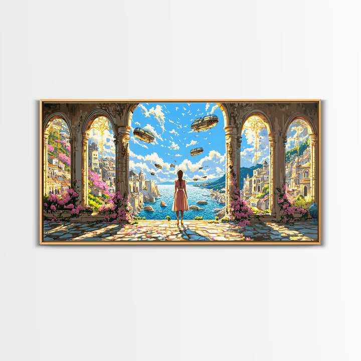 Arched Seaside Portal With Airships Framed Canvas Print, Fantasy Coastal Wall Art, Dreamy Travel Home Decor, Gift For Her
