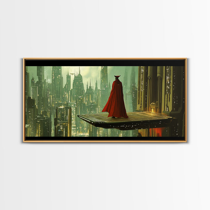 Red Cloaked Figure Above Futuristic City Wall Art, Sci Fi Fantasy Canvas Print, Dystopian Skyline, Modern Office Decor Gift