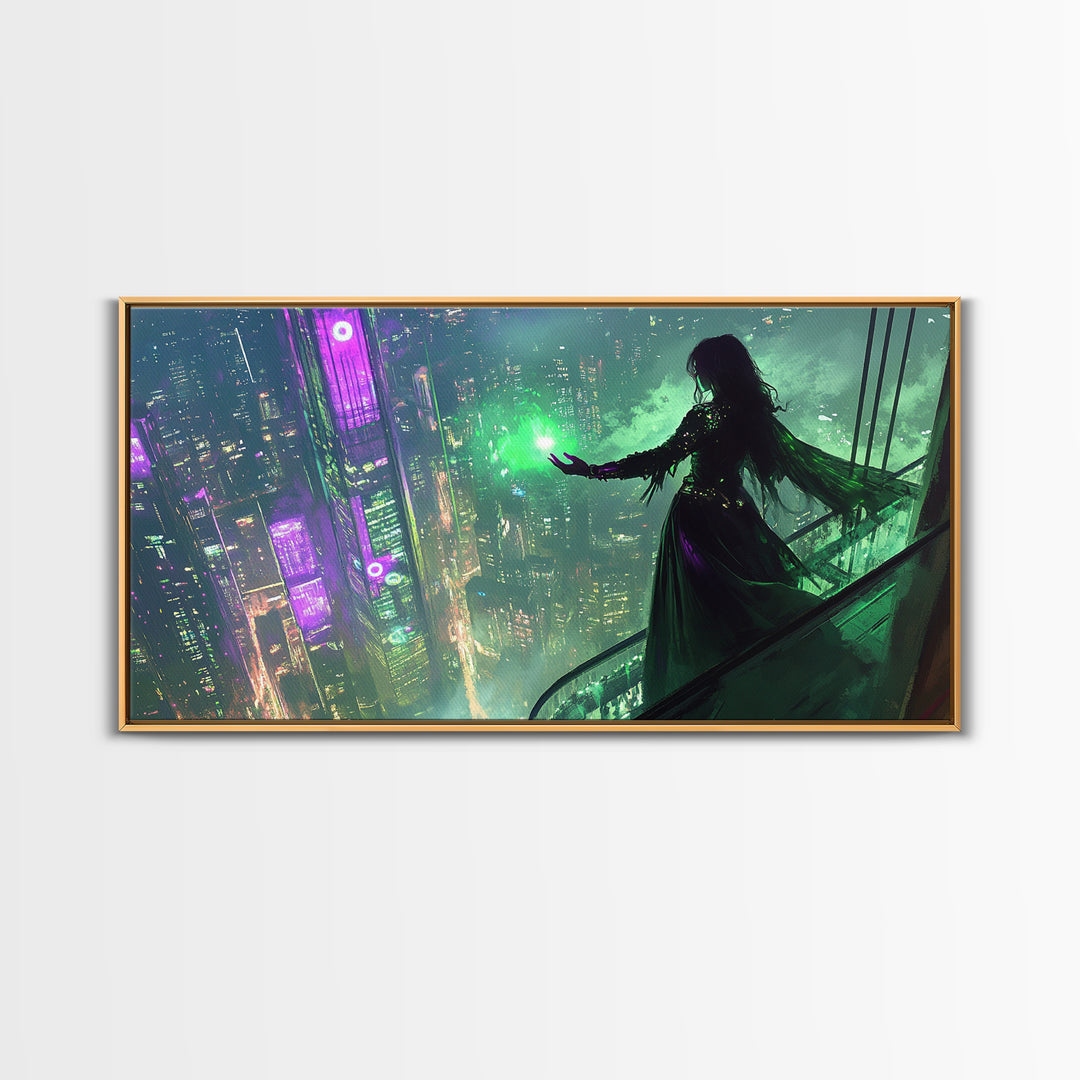 Neon Sorceress Over Cyberpunk Skyline Canvas Print, Futuristic Wall Art, Sci Fi Fantasy Decor, Unique Gaming Room Gift For Her