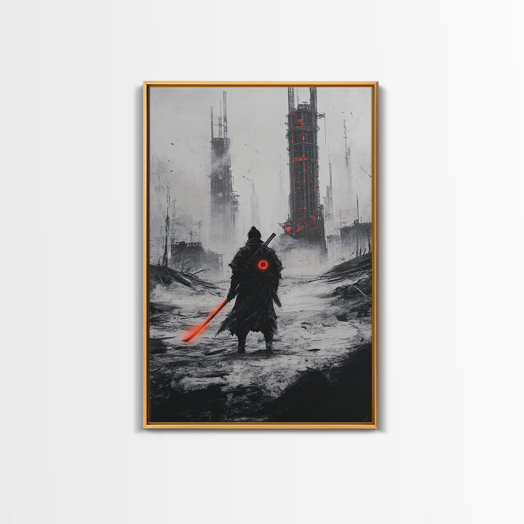 Dark Cyberpunk Warrior In Snowy Dystopian City Wall Art, Sci Fi Fantasy Poster, Futuristic Office Decor, Gamer Room Gift For Him