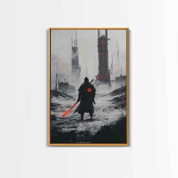 Dark Cyberpunk Warrior In Snowy Dystopian City Wall Art, Sci Fi Fantasy Poster, Futuristic Office Decor, Gamer Room Gift For Him
