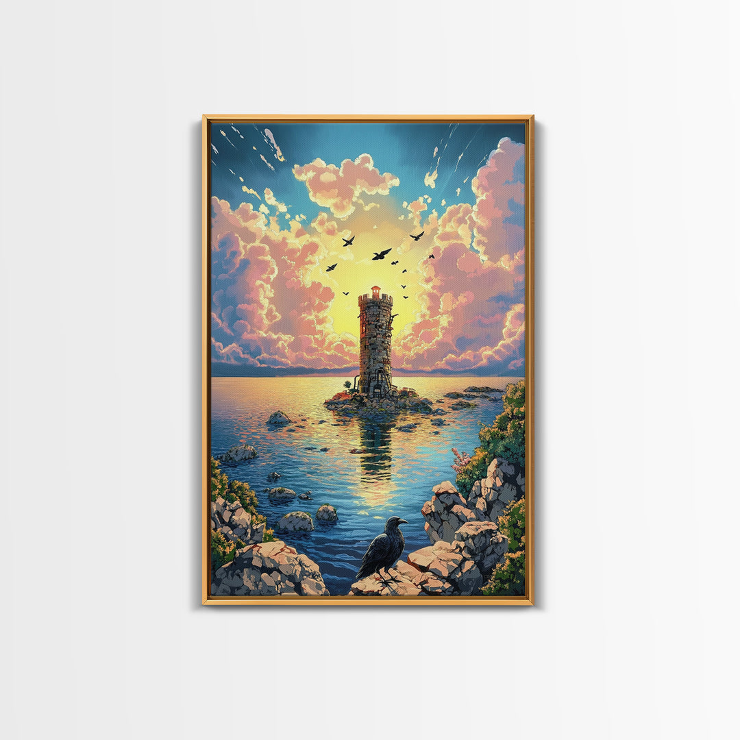 Sunset Lighthouse On Calm Sea With Raven Wall Art, Coastal Fantasy Canvas Print, Ocean Landscape Poster Home Decor Gift For Her