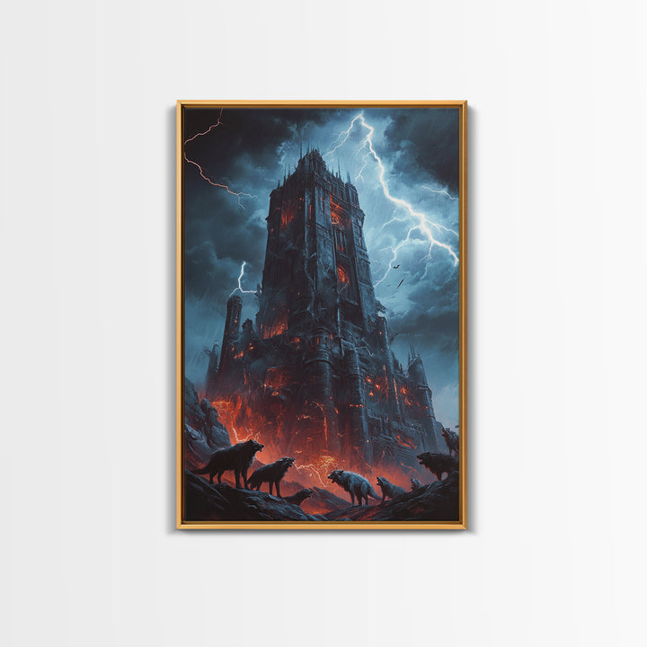 Fiery Gothic Fortress With Lightning And Wolves Wall Art, Dark Fantasy Framed Canvas Print, Horror Castle Decor Gift For Him