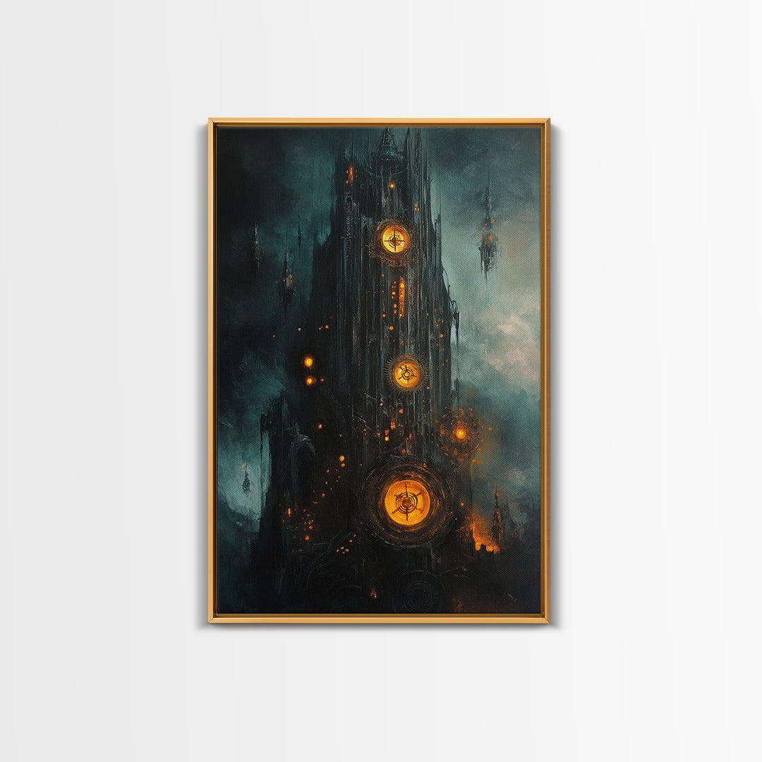 Dark Clockwork Gothic Tower With Glowing Gears Wall Art, Steampunk Fantasy Canvas Print, Moody Industrial Decor Gift For Him