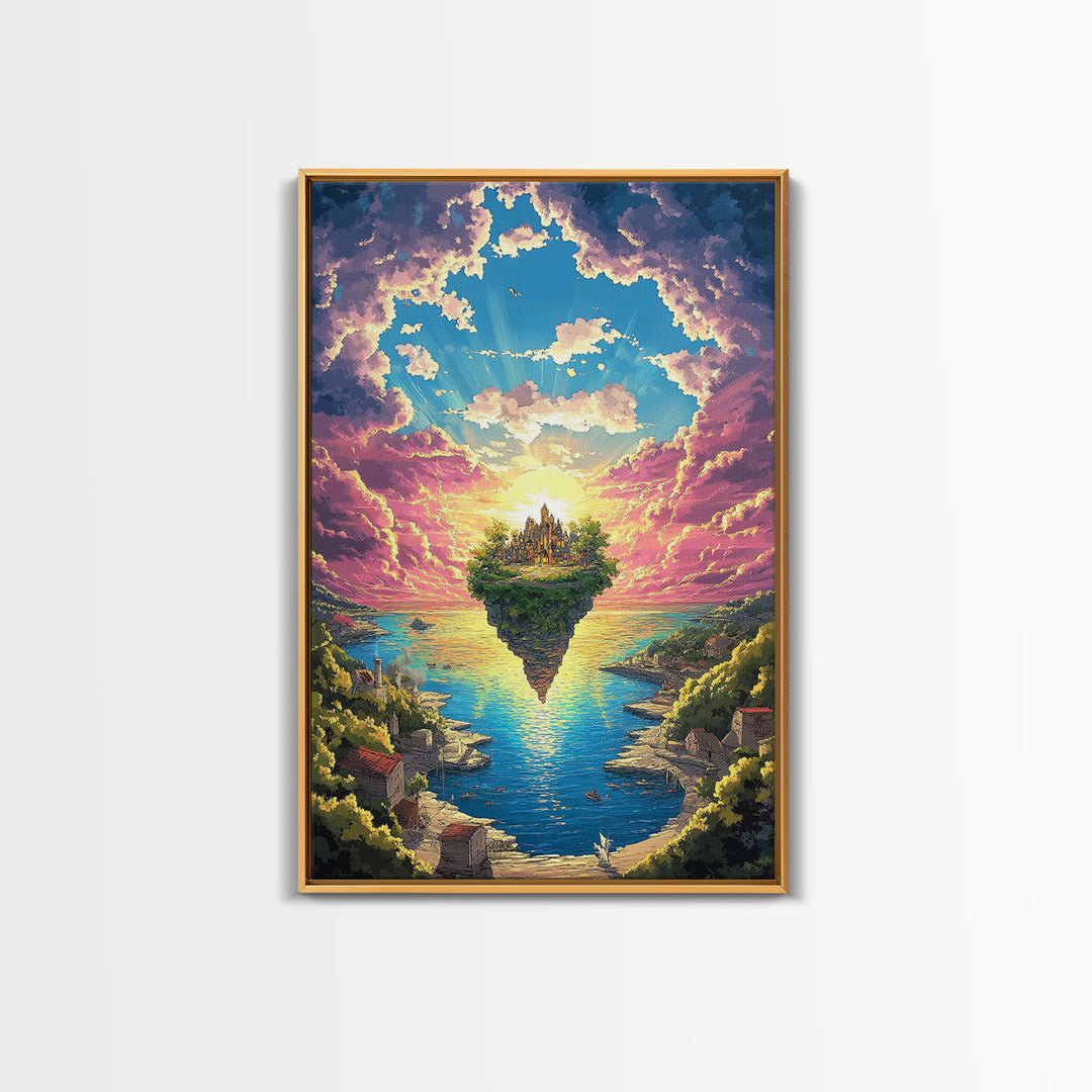 Floating Island Castle At Sunrise, Fantasy Canvas Print, Coastal Landscape Wall Decor, Whimsical Living Room Art Gift Idea