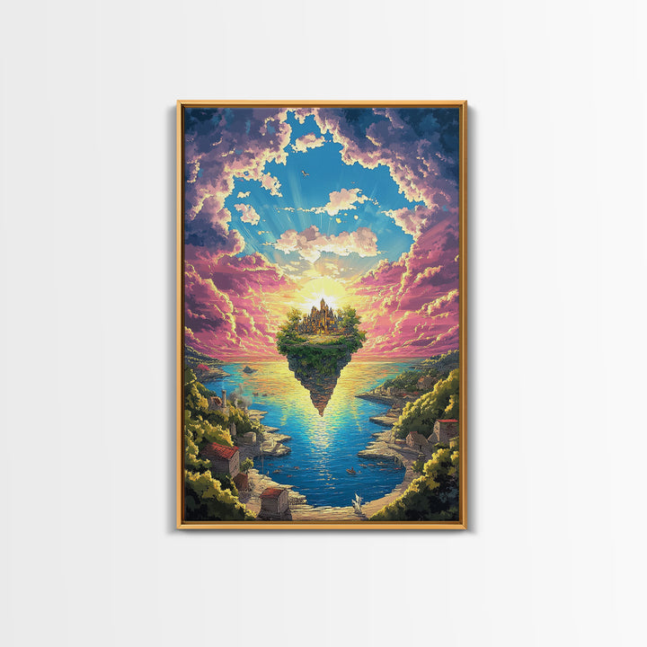 Floating Island Castle At Sunrise, Fantasy Canvas Print, Coastal Landscape Wall Decor, Whimsical Living Room Art Gift Idea