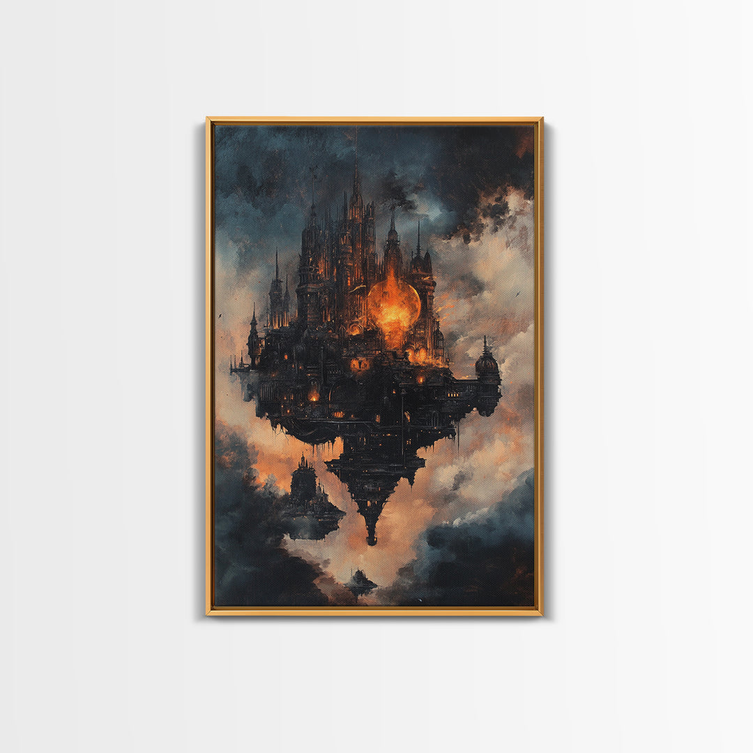 Dark Floating Gothic Castle, Fantasy Framed Canvas Print, Moody Cloudscape Wall Art, Dark Academia Home Decor Gift For Him
