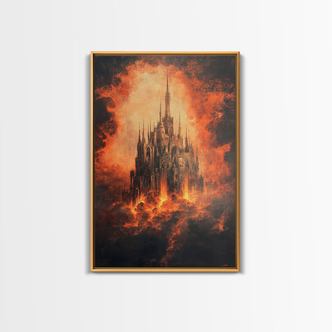 Fiery Gothic Cathedral In Storm Clouds, Dark Fantasy Canvas Print, Moody Wall Art, Gothic Dark Academia Home Decor Gift For Him