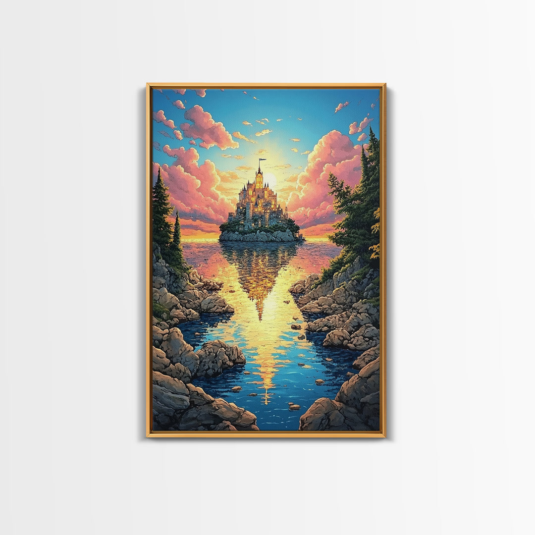 Island Castle Reflected In Cove, Fantasy Wall Art, Colorful Coastal Landscape Canvas Print, Whimsical Home Decor Gift Idea