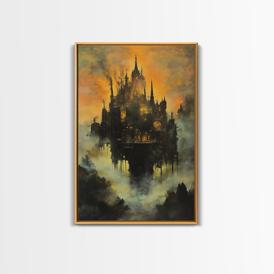 Moody Castle In Golden Mist, Dark Fantasy Framed Canvas Print, Gothic Wall Art, Dark Academia Living Room Decor Gift For Him
