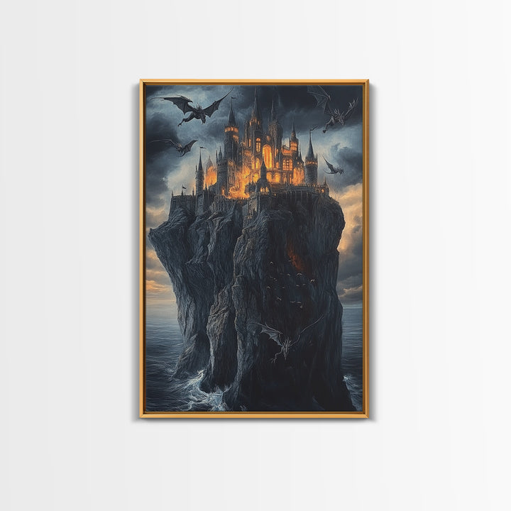 Gothic Dragon Castle On Sea Cliff Framed Canvas Print, Dark Fantasy Wall Art, Medieval Decor, Moody Castle Art Gift, Gothic Wall Decor