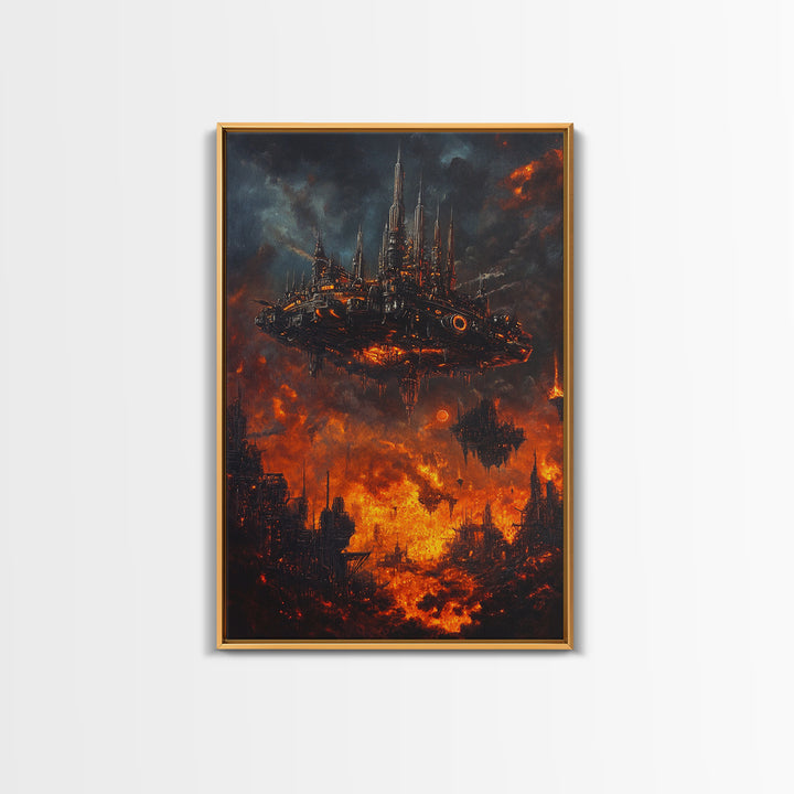 Fiery Dystopian Floating City Framed Canvas Print, Cyberpunk Wall Art, Dark Sci Fi Decor, Apocalyptic Fantasy Art, Poster