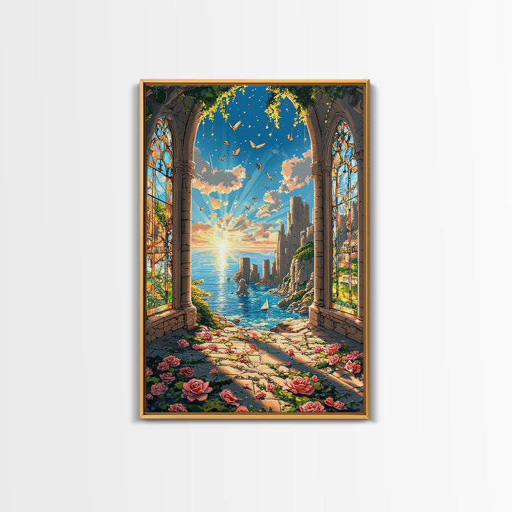 Sunlit Stained Glass Arch Ocean Ruins Framed Canvas Print, Coastal Wall Art, Rose Garden Decor, Fantasy Seascape Art Gift