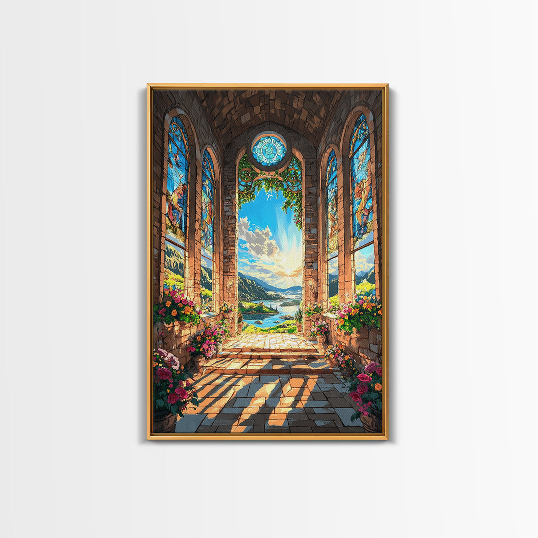 Cathedral Window Lake Vista Framed Canvas Print, Stained Glass Wall Art, Floral Garden Decor, Serene Coastal Landscape Art