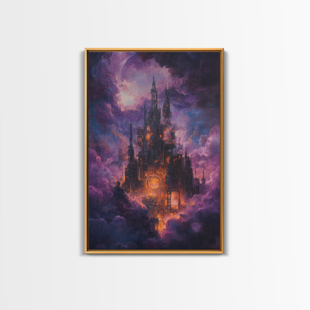 Mystical Purple Cloud Castle Framed Canvas Print, Dark Fantasy Wall Art, Celestial Gothic Decor, Moody Surreal Art Gift For Her