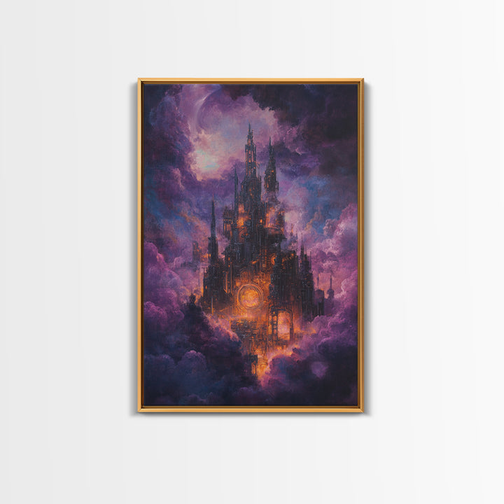 Mystical Purple Cloud Castle Framed Canvas Print, Dark Fantasy Wall Art, Celestial Gothic Decor, Moody Surreal Art Gift For Her