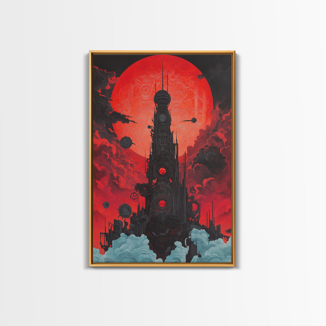 Red Moon Futuristic Tower Wall Art, Dark Sci Fi Cityscape Poster, Cyberpunk Gothic Decor For Gaming Room And Office Decor