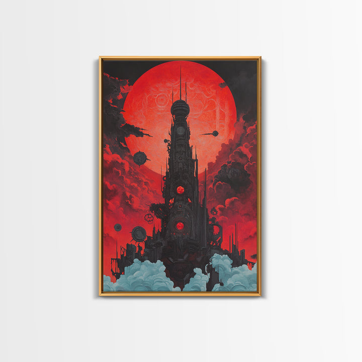 Red Moon Futuristic Tower Wall Art, Dark Sci Fi Cityscape Poster, Cyberpunk Gothic Decor For Gaming Room And Office Decor