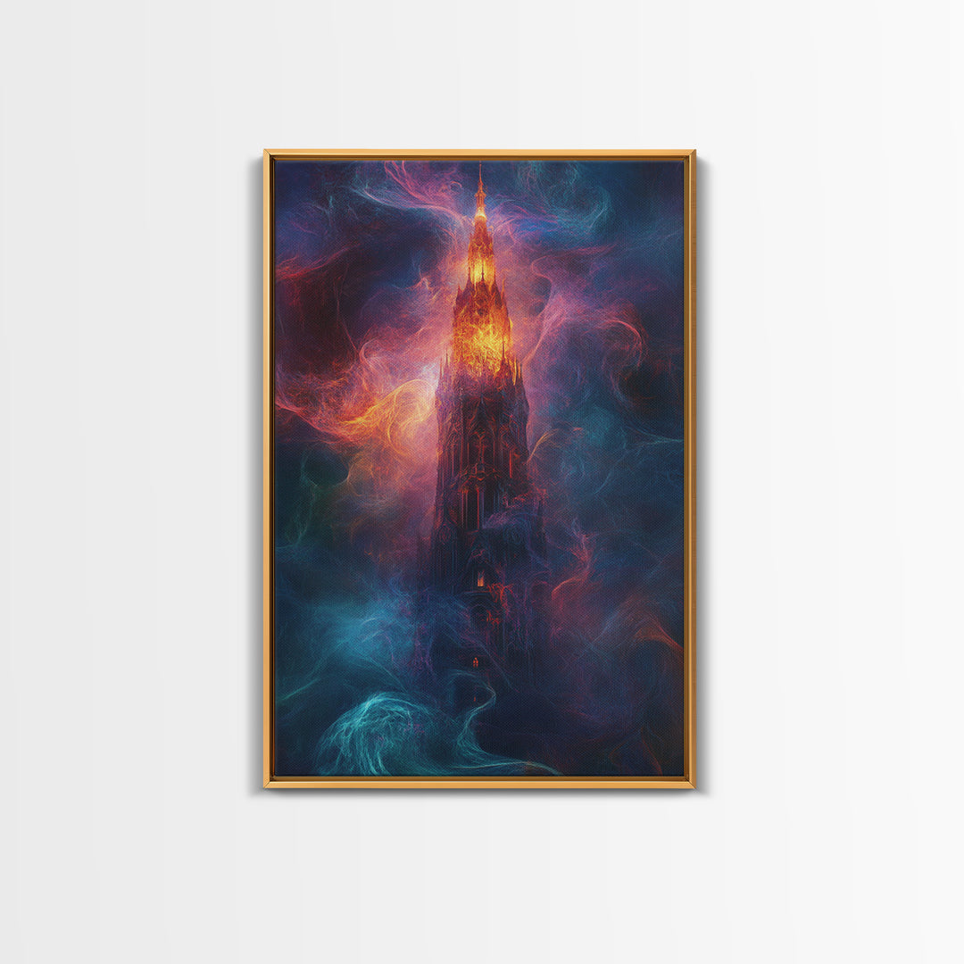 Fiery Gothic Tower Framed Canvas Print, Dark Fantasy Abstract Art, Moody Surreal Wall Decor For Office And Living Room Art