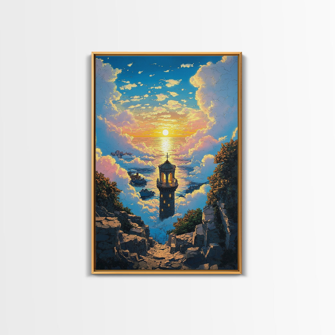 Sunset Sea Tower Canvas Print, Dreamy Cloud Ocean Landscape Wall Art, Coastal Fantasy Decor For Bedroom And Living Room Gift