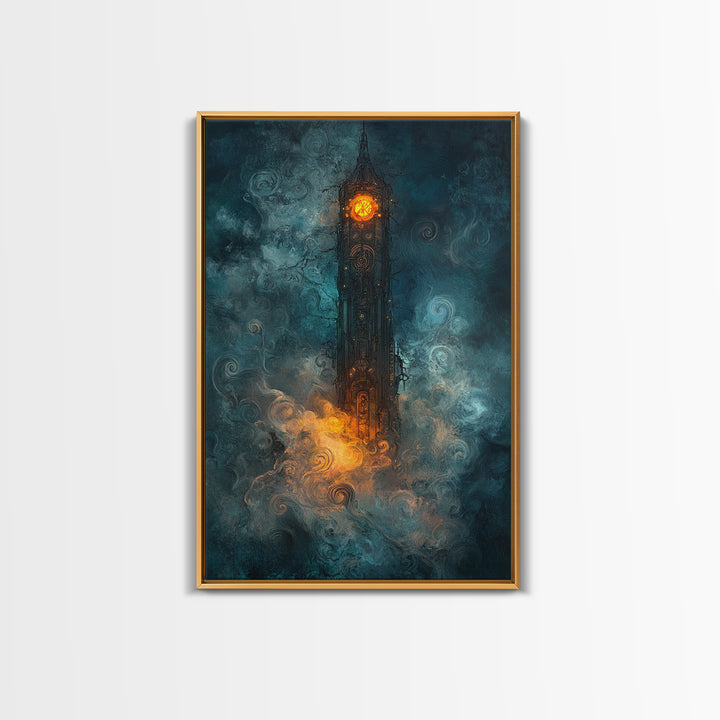Dark Clock Tower In Teal Fog Wall Art, Gothic Fantasy Castle Canvas, Moody Steampunk Decor, Surreal Large Print, Living Room Wall Decor