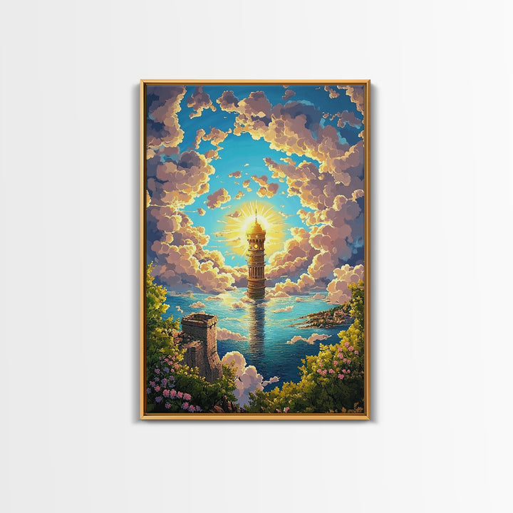 Sunlit Sea Tower And Golden Clouds Framed Canvas Print, Coastal Fantasy Wall Art, Ocean Landscape, Living Room Decor, Home Decor