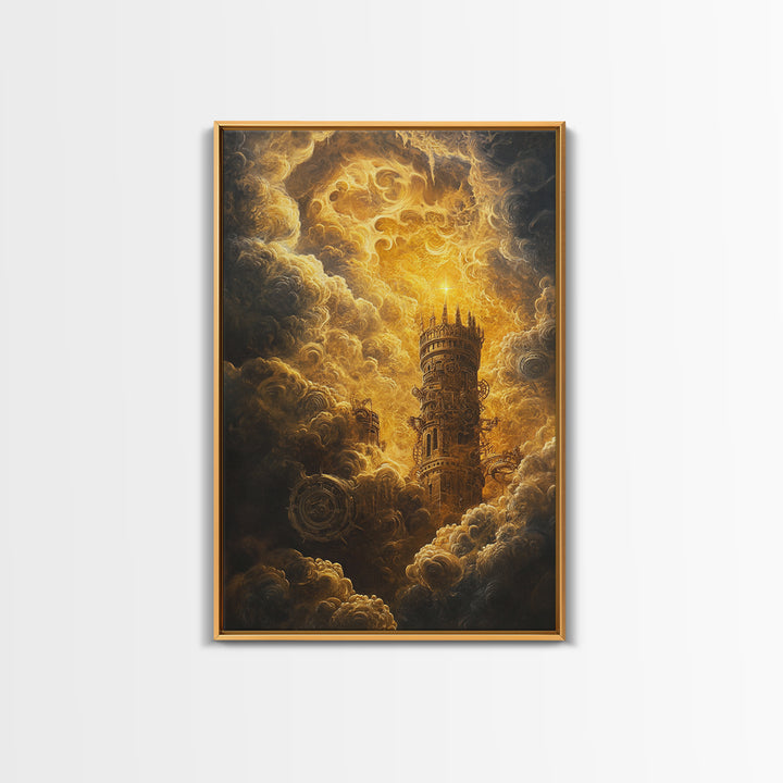 Golden Celestial Tower In Storm Clouds Canvas Print, Dark Fantasy Wall Art, Steampunk Castle, Gothic Living Room Decor Print