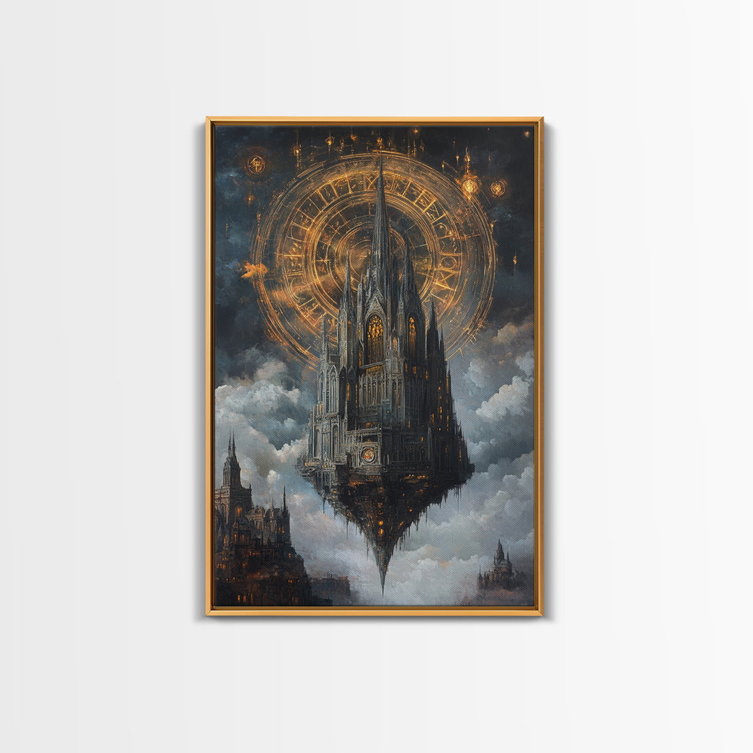 Floating Gothic Cathedral With Celestial Clock Framed Canvas Print, Dark Academia Wall Art, Steampunk Fantasy Office Decor