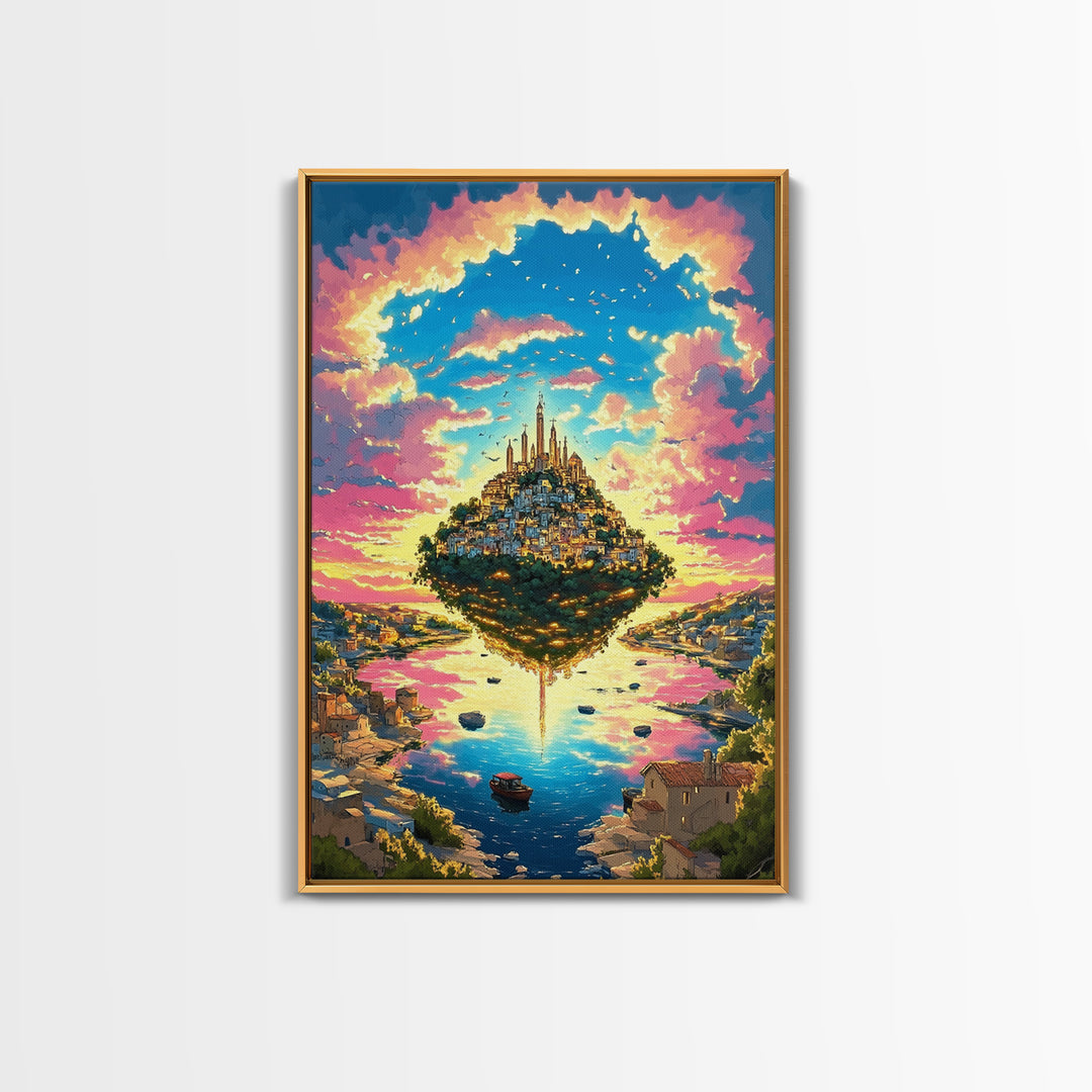 Floating Island City At Pink Sunset Wall Art, Vibrant Fantasy Landscape Canvas Print, Coastal Village, Colorful Home Decor
