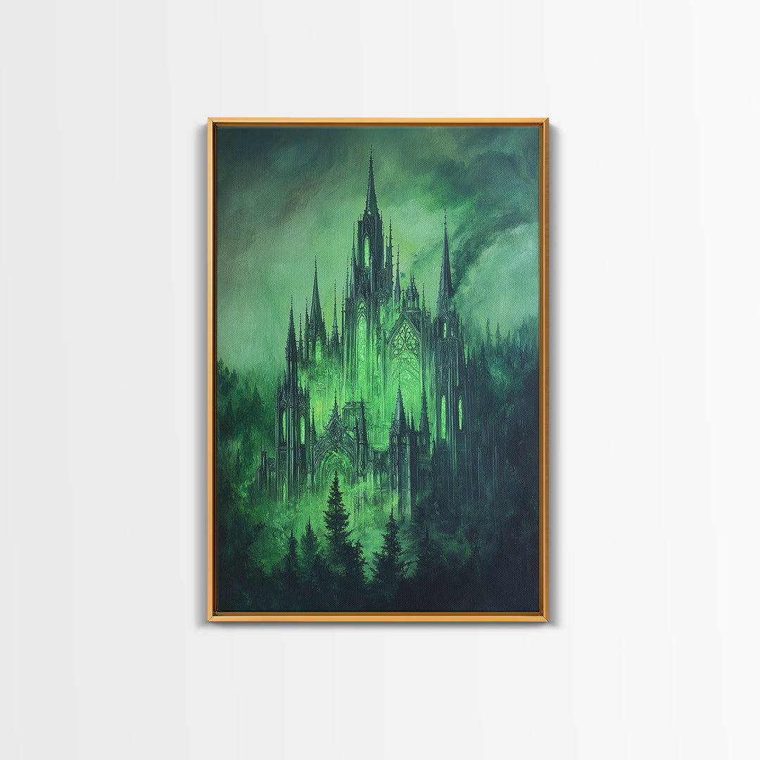 Emerald Gothic Castle In Misty Forest Wall Art, Dark Fantasy Decor, Moody Green Gothic Wall Decor, Magical Castle Print Poster