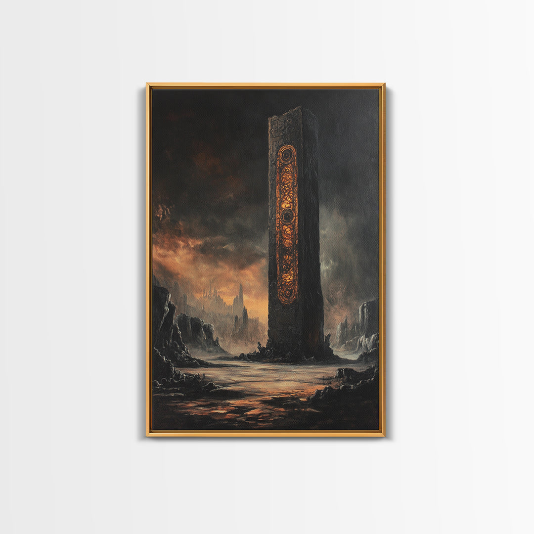 Ancient Rune Monolith In Dark Wasteland Canvas Print, Dystopian Sci Fi Wall Decor, Futuristic Tower Art, Gothic Home Decor
