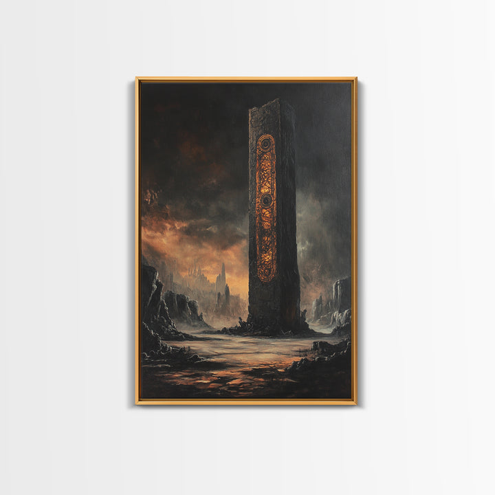 Ancient Rune Monolith In Dark Wasteland Canvas Print, Dystopian Sci Fi Wall Decor, Futuristic Tower Art, Gothic Home Decor