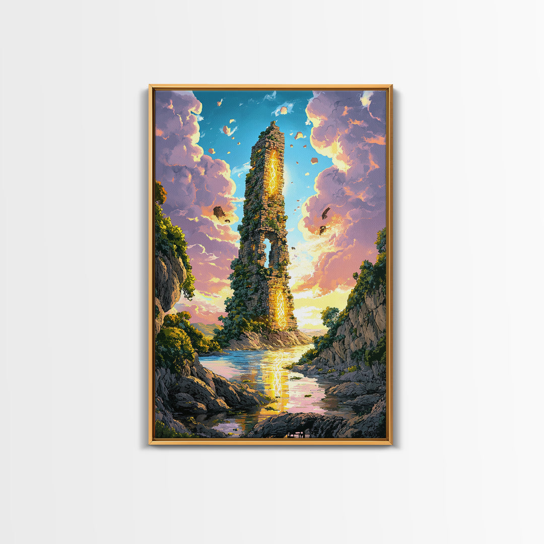Sunlit Ruined Tower With Golden Portal Canvas Print, Fantasy River Landscape Art, Vibrant Coastal Wall Decor, Magical Home Decor