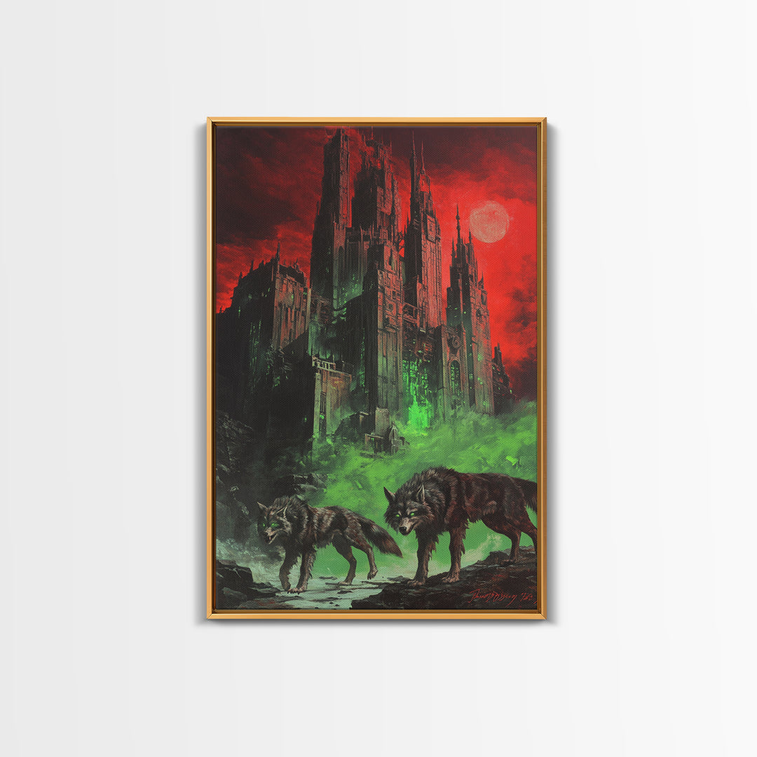 Red Moon Gothic Citadel With Wolves Wall Art, Dark Fantasy Castle Print, Black And Red Wall Decor, Moody Gothic Home Decor
