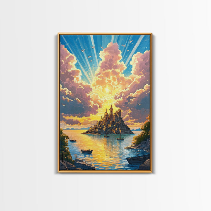 Golden Island Cathedral With Boats Canvas Print, Coastal Fantasy Wall Art, Sunset Seascape Decor For Serene Living Room Art