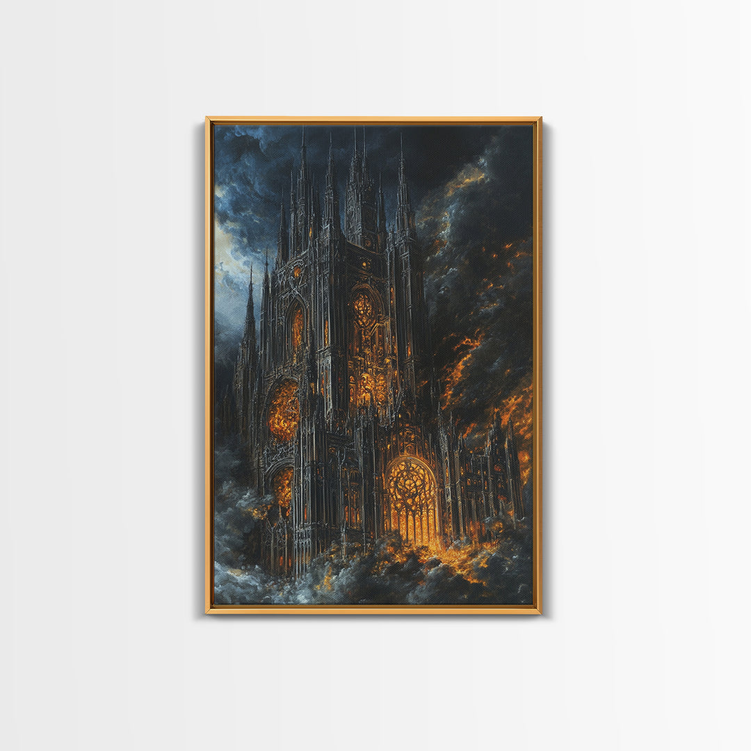 Burning Gothic Cathedral Under Stormy Sky Framed Canvas Print, Dark Academia Wall Art, Moody Medieval Decor Gift For Him
