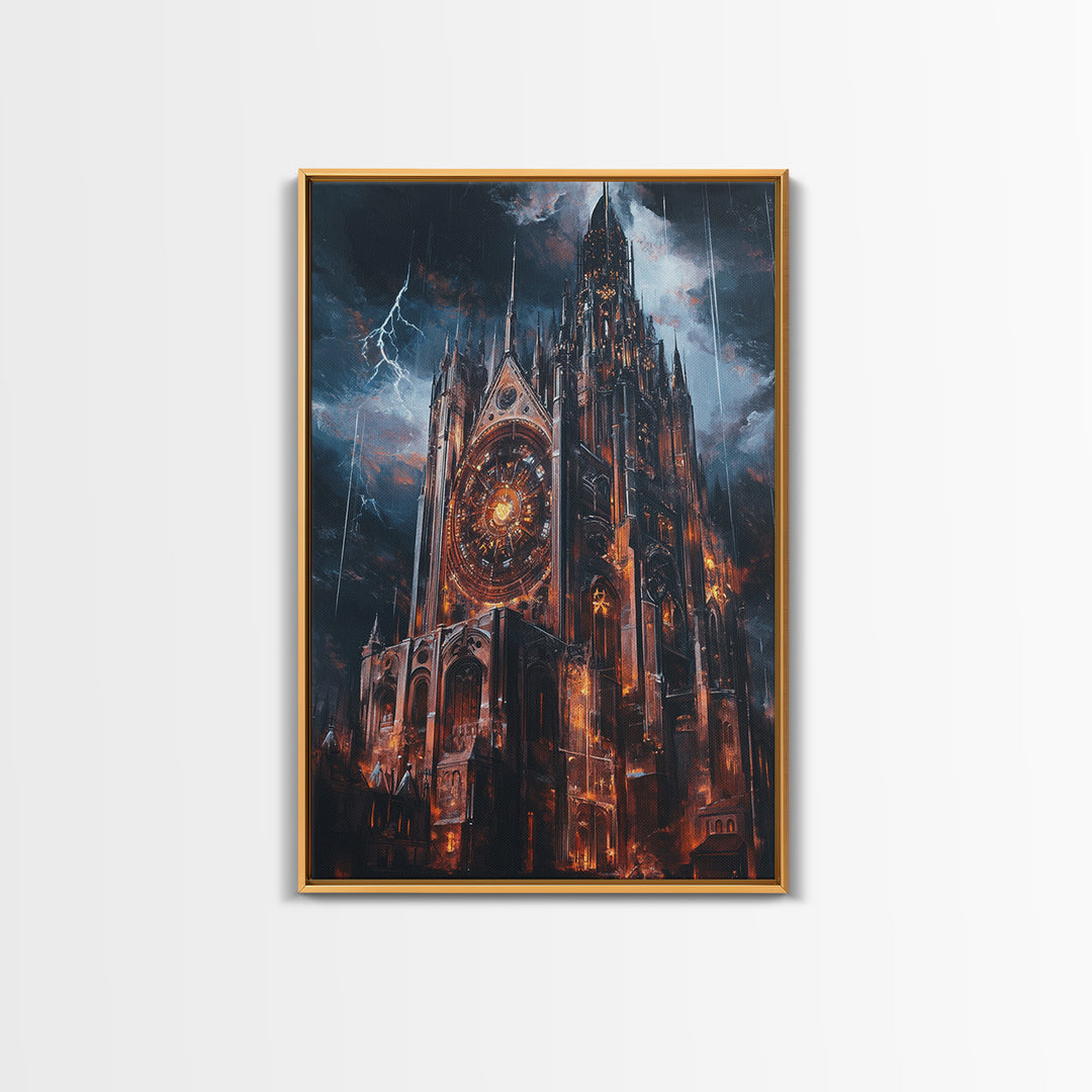 Stormy Gothic Cathedral With Lightning Framed Canvas Print, Dark Fantasy Wall Art, Dramatic Medieval Decor For Masculine Office